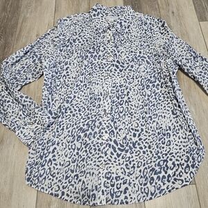 Kim Rogers Blue Leopard Print Button Down Blouse Top Roll Tab Women's Large